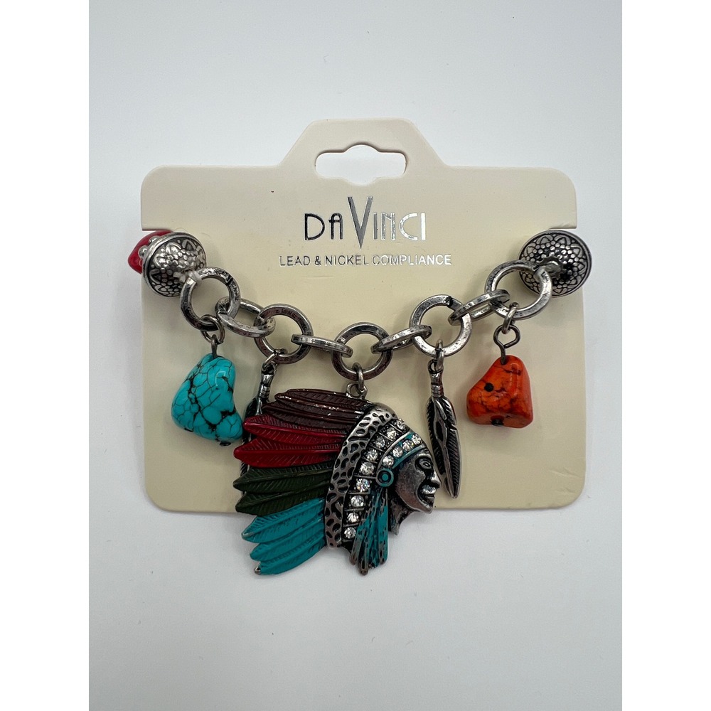 DaVinci Silver Tone Western Headdress Charm Bracelet Boho Rodeo Faux Turquoise